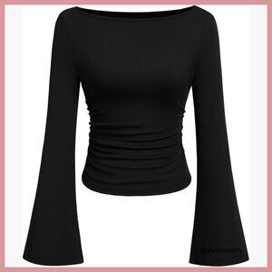Long Sleeve Crop Top with Bell Sleeves, Ribbed Knit Fabric